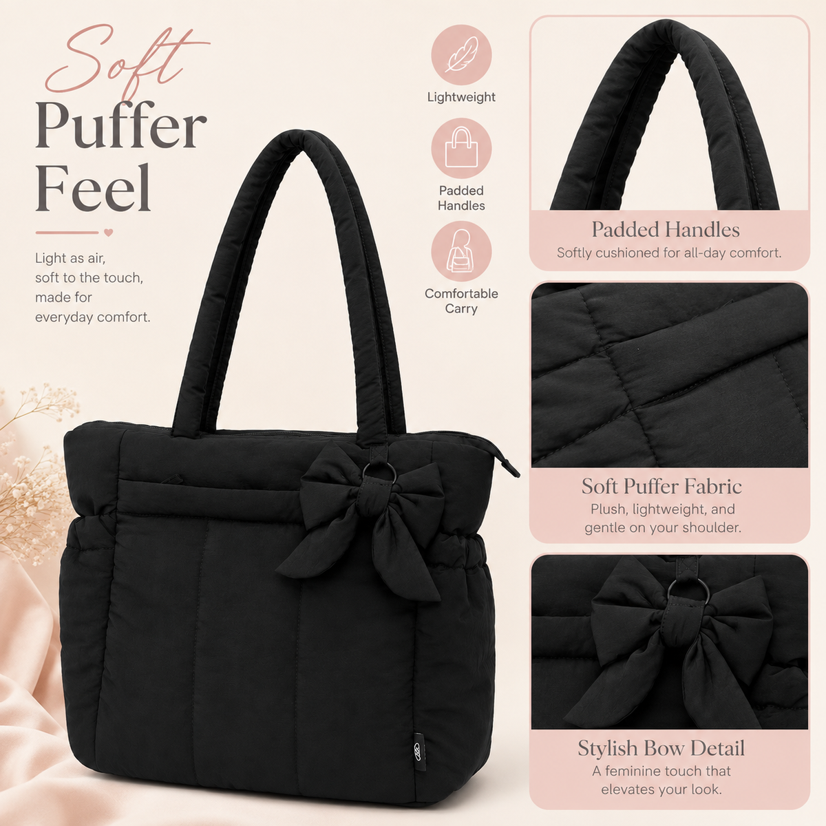 Women fashion tote bag Puffer Tote Bag for Women, Quilted Laptop Work Tote with Bow Lightweight Work Tote Fits 15.6” Laptop