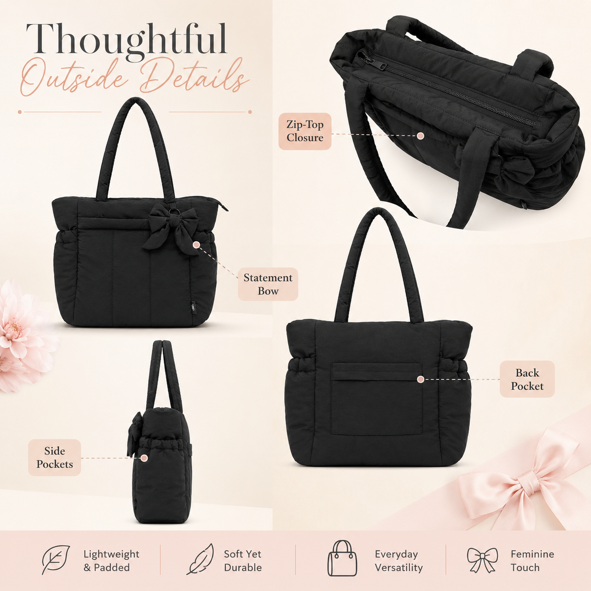 Women fashion tote bag Puffer Tote Bag for Women, Quilted Laptop Work Tote with Bow Lightweight Work Tote Fits 15.6” Laptop