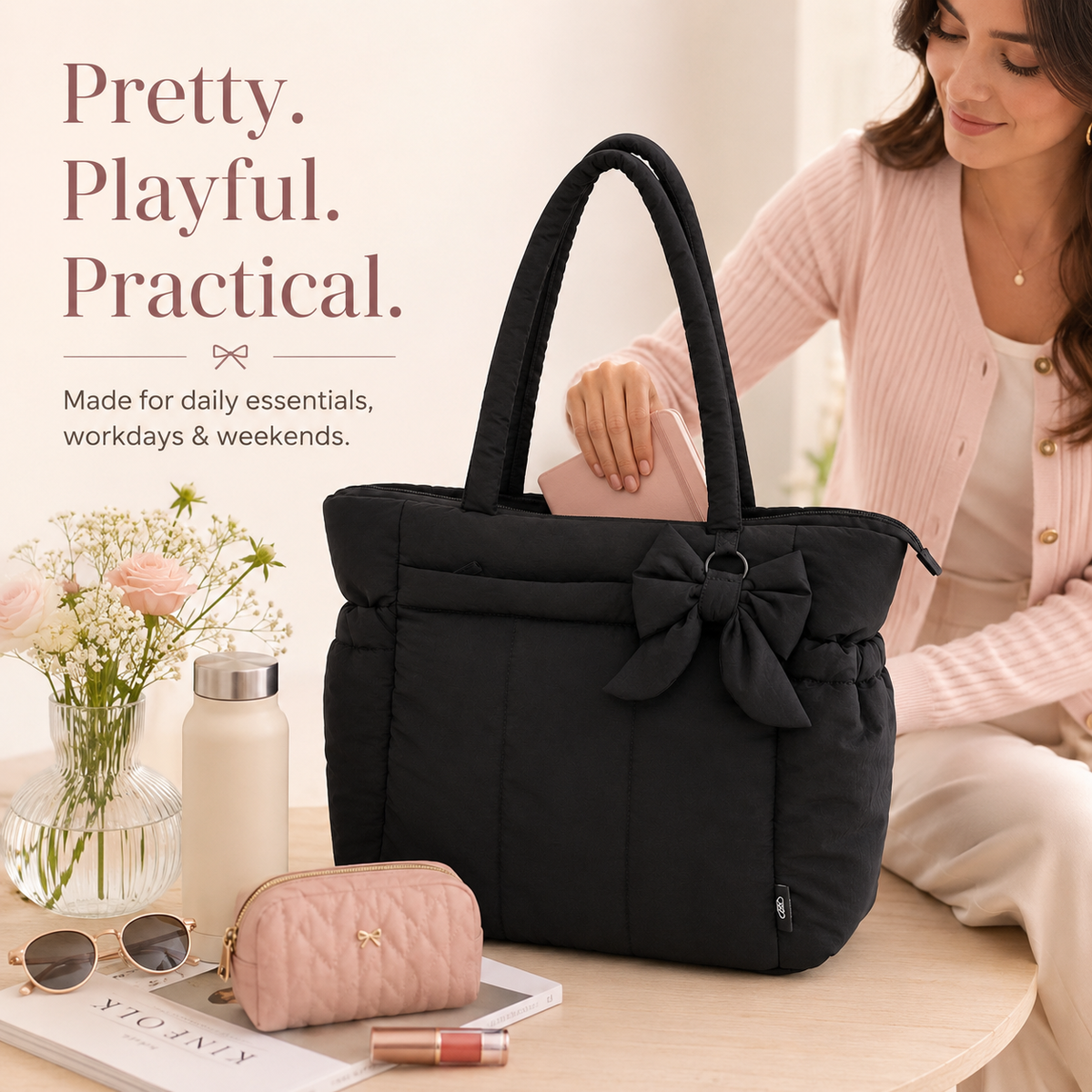 Women fashion tote bag Puffer Tote Bag for Women, Quilted Laptop Work Tote with Bow Lightweight Work Tote Fits 15.6” Laptop