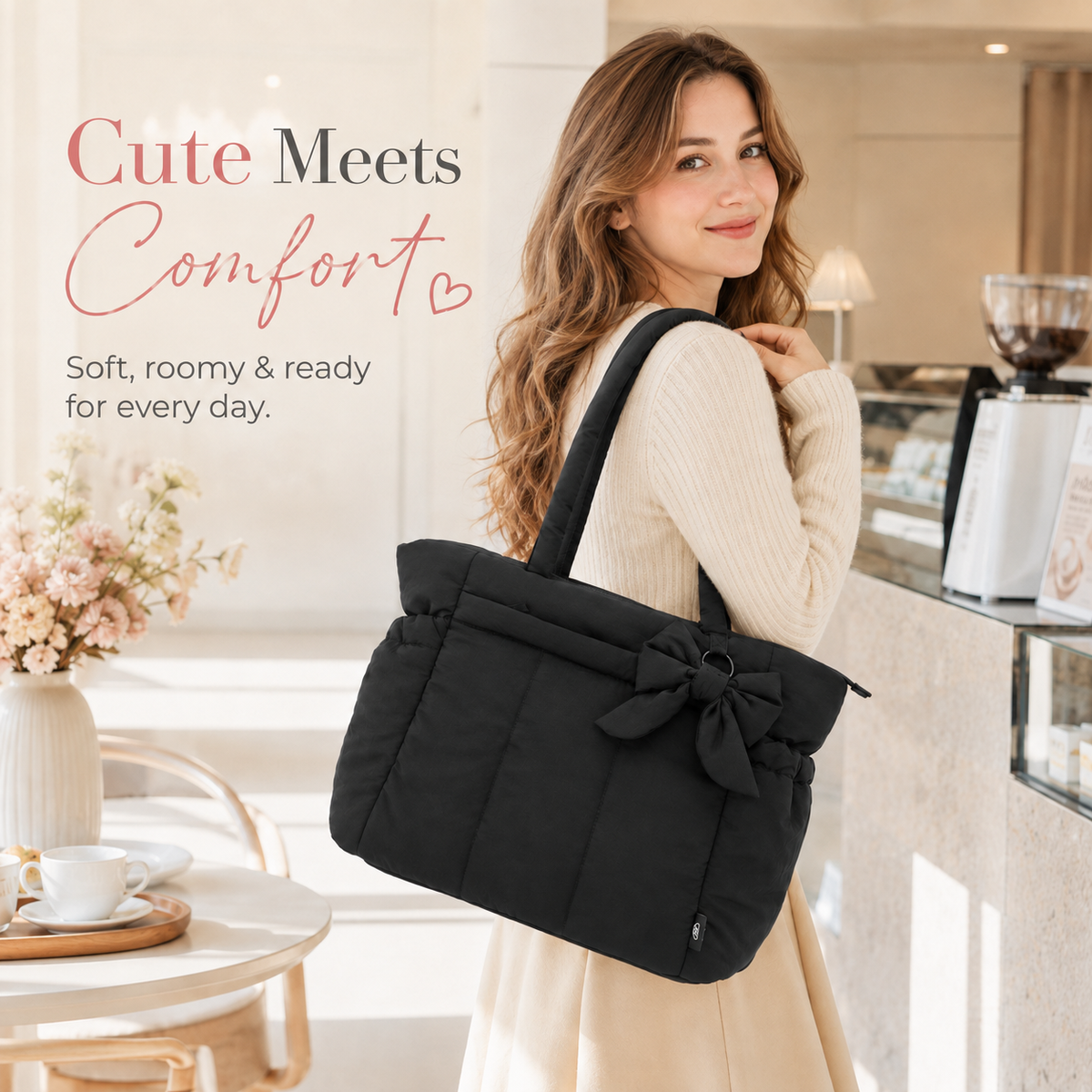 Women fashion tote bag Puffer Tote Bag for Women, Quilted Laptop Work Tote with Bow Lightweight Work Tote Fits 15.6” Laptop